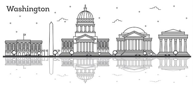 Profilo dello skyline della città di washington dc usa con edifici moderni isolati su bianco. illustrazione di vettore. paesaggio urbano di washington dc con punti di riferimento e riflessioni.