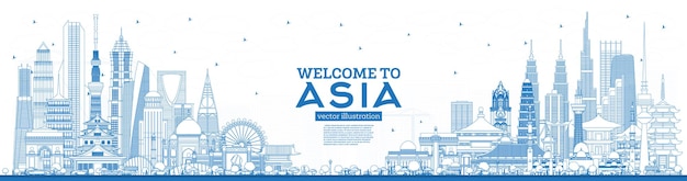 개요 블루 빌딩이있는 아시아 스카이 라인에 오신 것을 환영합니다. 랜드 마크와 아시아 풍경입니다. 도쿄. 상하이. 싱가포르. 델리. 리야드.