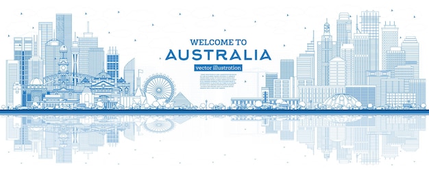 Наброски Добро пожаловать в Австралию на фоне линии горизонта с голубыми зданиями и отражениями. Векторные иллюстрации. Концепция туризма с архитектурой. Городской пейзаж Австралии с достопримечательностями. Сидней. Мельбурн. Канберра.