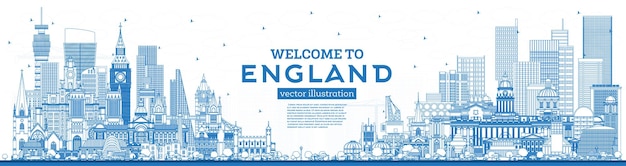 Vector outline welcome to england city skyline with blue buildings and reflections