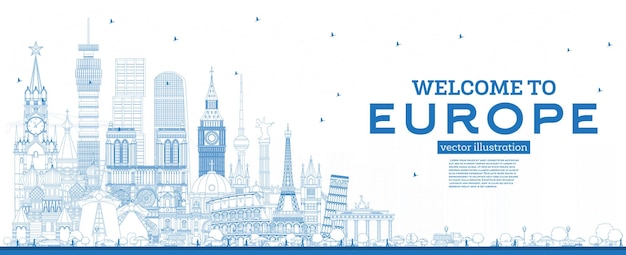 Outline Welcome to Europe Skyline with Blue Buildings. Tourism Concept with Historic Architecture. Europe Cityscape with Landmarks. London. Berlin. Moscow. Rome. Paris.