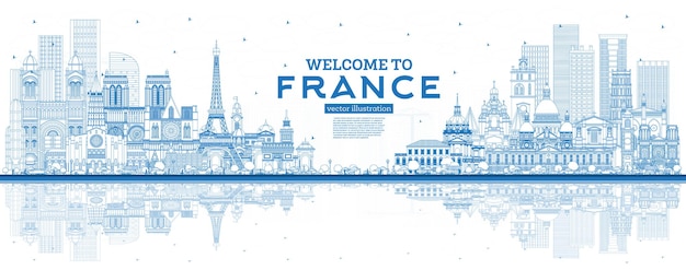 Profilo benvenuti in francia skyline con edifici blu e riflessi vector illustration