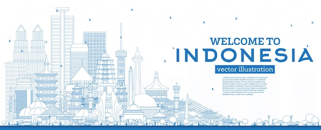 Delinea il benvenuto allo skyline dell'indonesia con l'illustrazione blu degli edifici