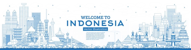 Наброски добро пожаловать на линию горизонта индонезии с синими зданиями