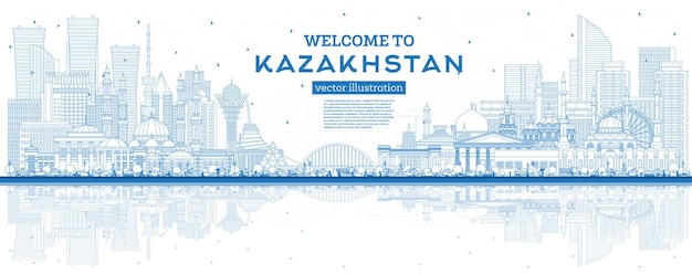 Outline Welcome to Kazakhstan City Skyline with Blue Buildings and Reflections