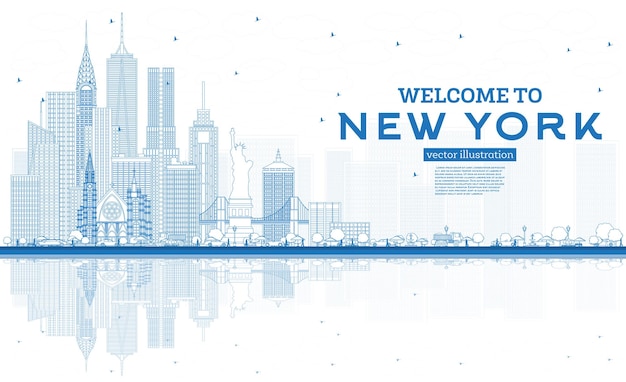 Outline Welcome To New York Usa Skyline With Blue Buildings And Reflections