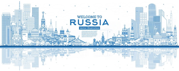 Vector outline welcome to russia skyline with blue buildings. vector illustration. tourism concept with historic architecture. russia cityscape with landmarks. moscow. saint petersburg. kazan. sochi.