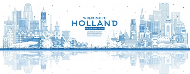 개요 파란색 건물이 있는 네덜란드 스카이라인에 오신 것을 환영합니다. 벡터 일러스트 레이 션. 역사적인 건축과 관광 개념입니다. 랜드마크가 있는 도시 풍경. 암스테르담. 로테르담. 헤이그. 위트레흐트.