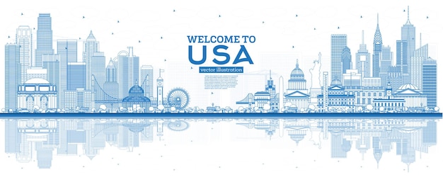 Outline welcome to usa skyline with blue buildings and reflections. famous landmarks in usa. illustration