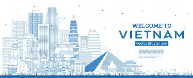 Outline Welcome to Vietnam Skyline with Blue Buildings. Illustration. Tourism Concept with Historic Architecture. Vietnam Cityscape with Landmarks. Hanoi. Ho Chi Minh