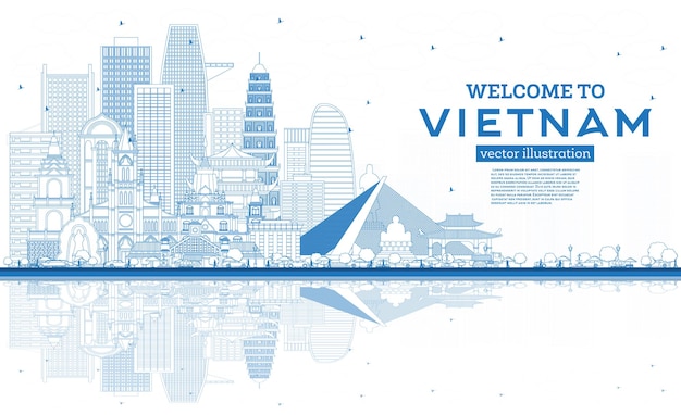 Outline Welcome to Vietnam Skyline with Blue Buildings and Reflections Vector Illustration