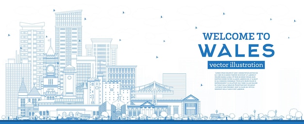 Vector outline welcome to wales city skyline with blue buildings