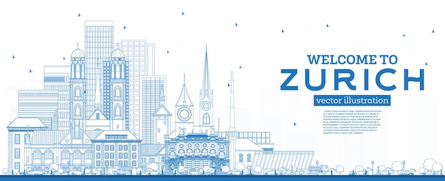 Outline Welcome to Zurich Switzerland Skyline with Blue Buildings