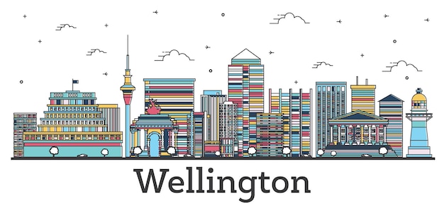 Outline Wellington New Zealand City Skyline with Color Buildings Isolated on White