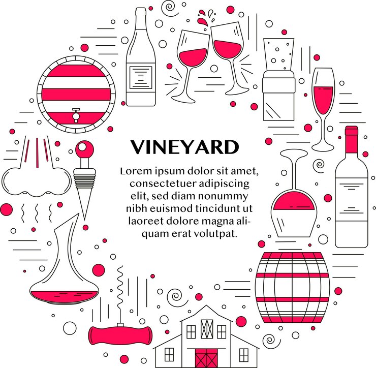 Vector outline wine design icon set in a circle wine icon collection, poster template