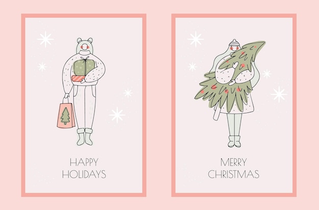 Outline women holding gifts and Christmas tree Greeting card
