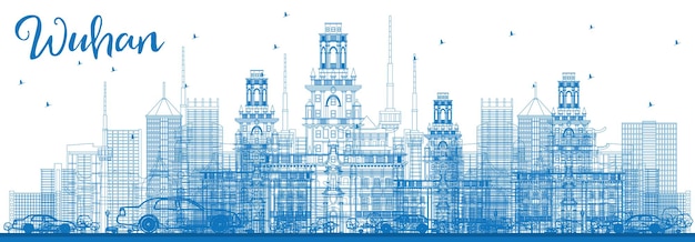 Profilo dello skyline di wuhan con edifici blu. illustrazione di vettore. viaggi d'affari e concetto di turismo con architettura moderna. immagine per presentazione banner cartellone e sito web.