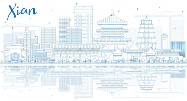 Вектор Очертите горизонт сиань с синими зданиями и отражениями. векторные иллюстрации. деловые поездки и концепция туризма с исторической архитектурой. изображение для презентационного баннера и веб-сайта.