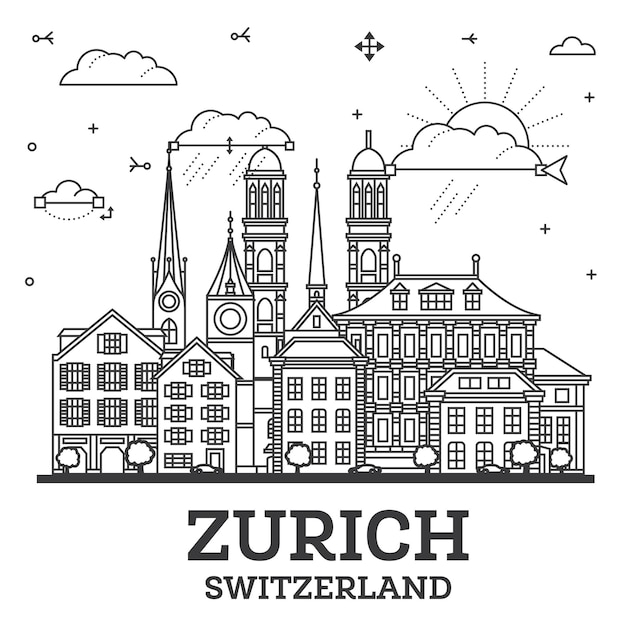 白いチューリッヒの都市風景に分離した現代的で歴史的な建物を持つチューリッヒ・スイス市のスカイライン