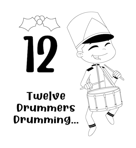 Обрисованы в общих чертах 12 дней Рождества - 12-й день - барабанят двенадцать барабанщиков.