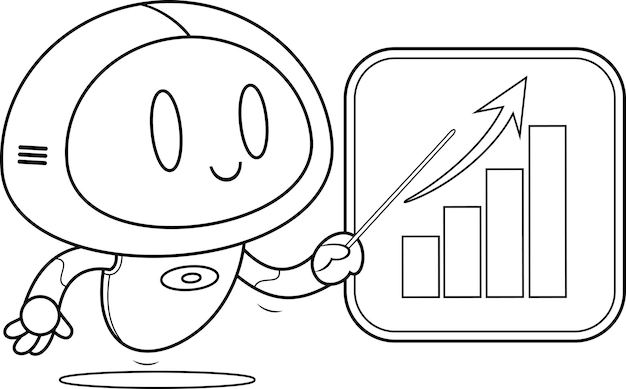 Outlined AI Robot Chat Bot Cartoon Character Pointing To A Growth Chart On A Board