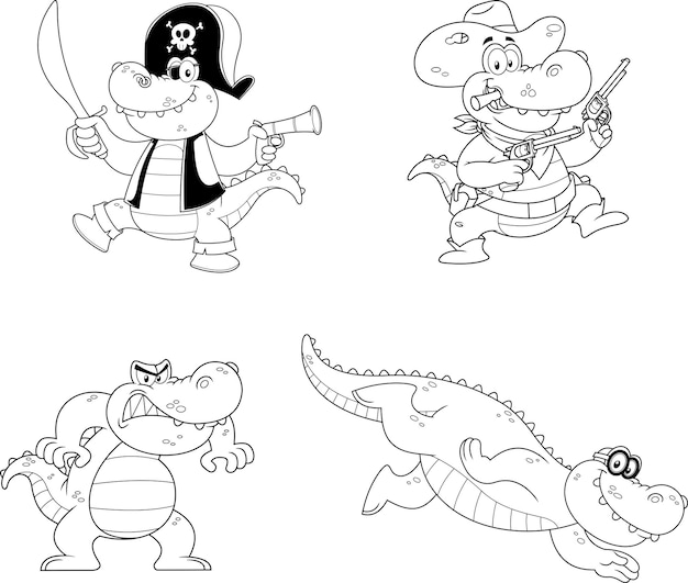 Outlined alligator or crocodile cartoon character different poses. vector hand drawn collection set