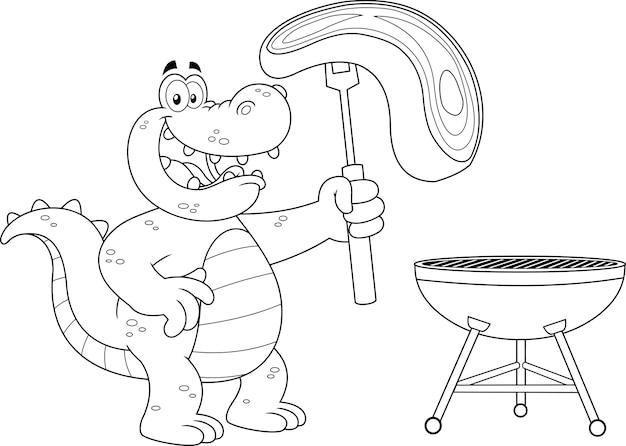 Талисман мультфильма "Аллигатор или крокодил" держит сырой стейк на вилке для барбекю