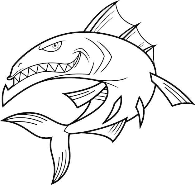 Outlined Angry Barracuda Fish Cartoon Character with Sharp Teeth Jumping