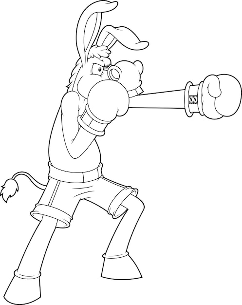 Vector outlined angry donkey jackass cartoon character boxer with boxing gloves