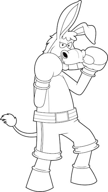 Outlined Angry Donkey Jackass Cartoon Character Boxing Vector Handgetekende illustratie