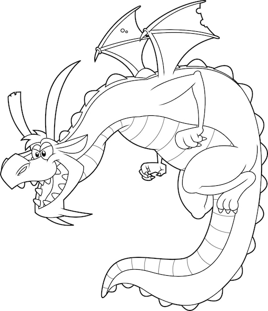 Vector outlined angry dragon cartoon character flying and spitting fire