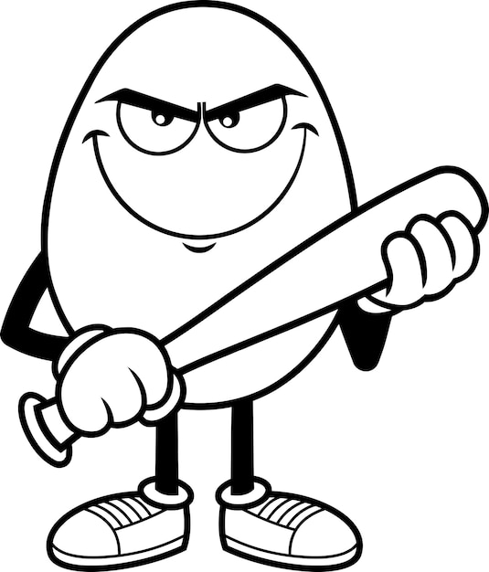 Outlined angry easter egg cartoon character with baseball bat