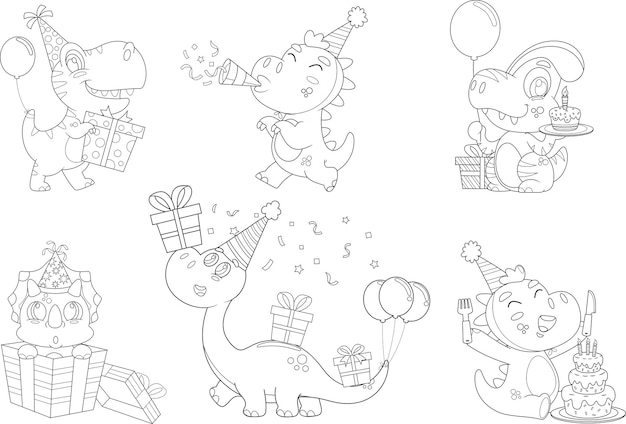 Outlined Birthday Dinosaurs Cartoon Characters Vector Hand Drawn Collection Set