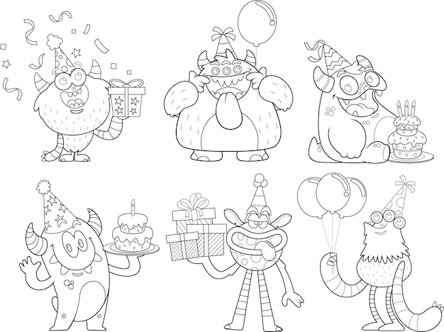 Outlined Birthday Monsters Cartoon Characters Vector Hand Drawn Collection Set