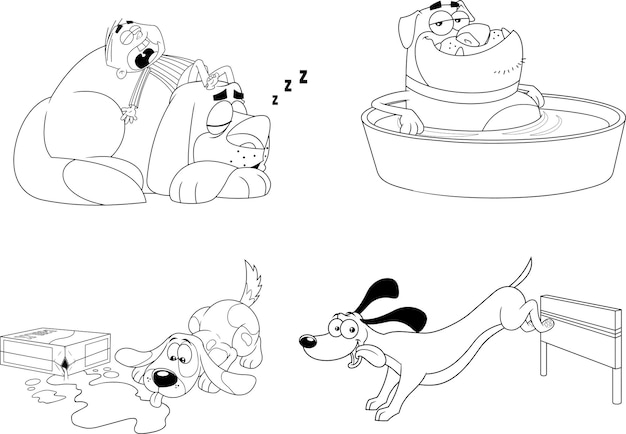 Insieme disegnato a mano di vettore dei personaggi dei cartoni animati del cane di razza delineato