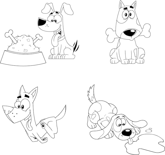 Outlined breed dog cartoon characters vector hand drawn collection set