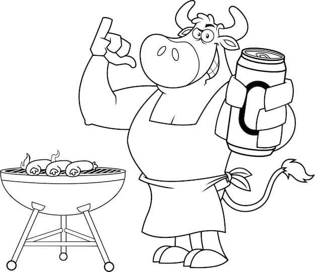 Delineato bull bbq chef cartoon mascotte personaggio salsicce alla griglia tenendo una lattina di birra