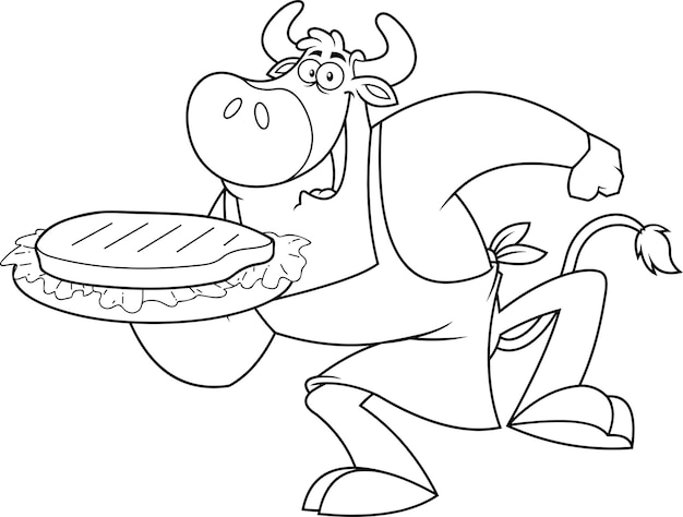 구운 쇠고기 스테이크와 함께 플래터를 들고 설명 황소 요리사 만화 캐릭터