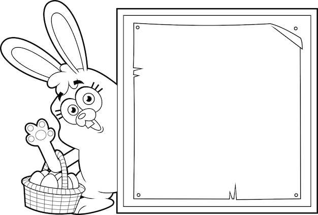 Outlined Bunny Cartoon Character With Basket Of Easter Eggs Waving Behind Sign