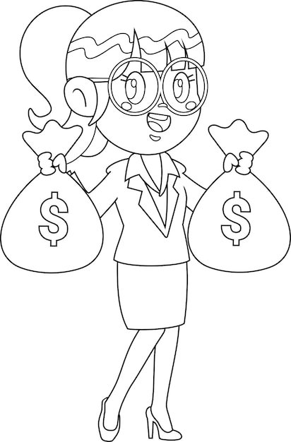 Outlined Business Woman Cartoon Character Holding Dollar Money Bags