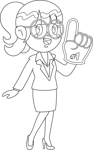 Outlined Business Woman Cartoon Character Showing Number One With Foam Finger