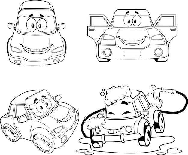 흰색 배경에 고립 된 자동차 만화 캐릭터 포즈 벡터 손으로 그린 컬렉션 집합 설명