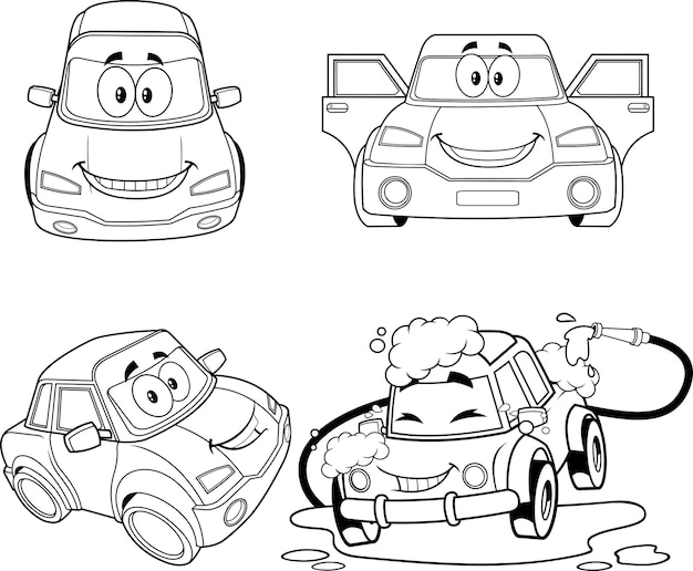 Outlined Car Cartoon Character Poses Vector Hand Drawn Collection Set Isolated On White Background