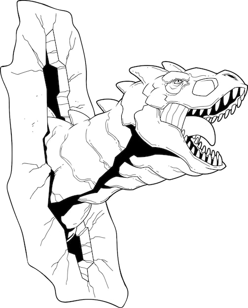 Delineato il dinosauro carnotaurus rompe l'illustrazione disegnata a mano di vettore di progettazione grafica del muro