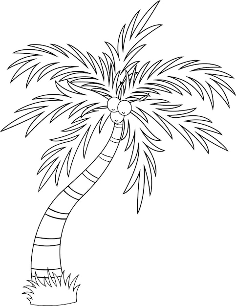 Outlined Cartoon Tropical Palm Tree With Crown Of Leaves And Coconut Fruits