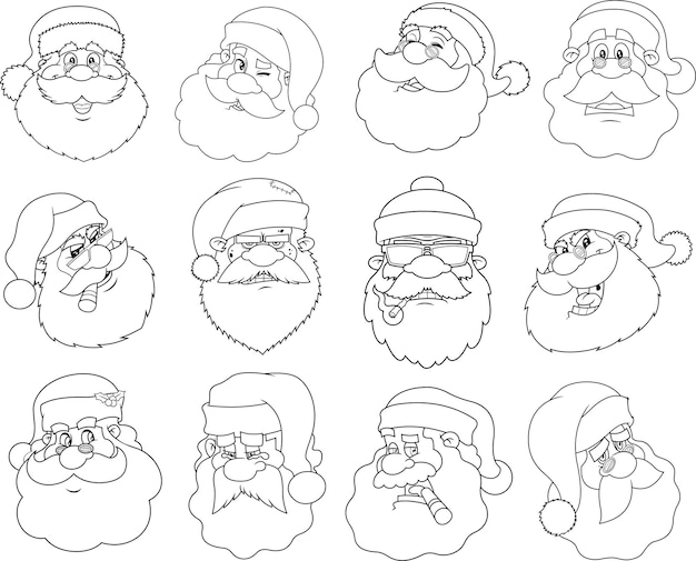 Outlined Classic Santa Claus Face Portrait Cartoon Characters. Vector Collection Set