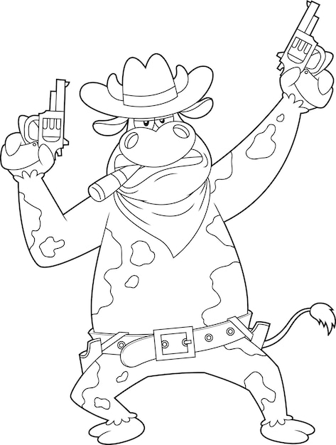 Vector outlined cowboy cow cartoon character holding two guns vector hand drawn illustration