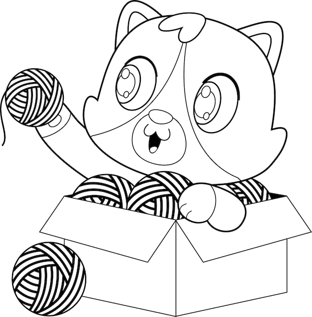 Очерченный милый котенок мультипликационный персонаж, играющий с клубками пряжи в коробке