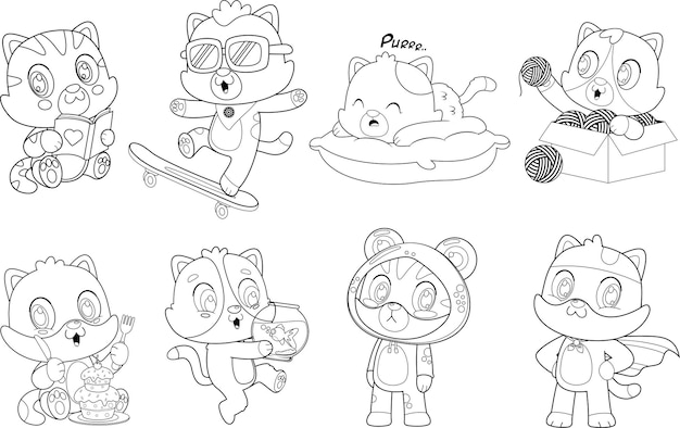 Outlined Cute Baby Cats Cartoon Characters Vector Hand Drawn Collection Set