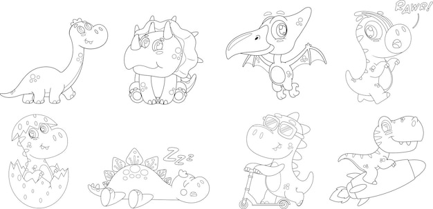 Vector outlined cute baby dinosaurs cartoon characters vector hand drawn collection set